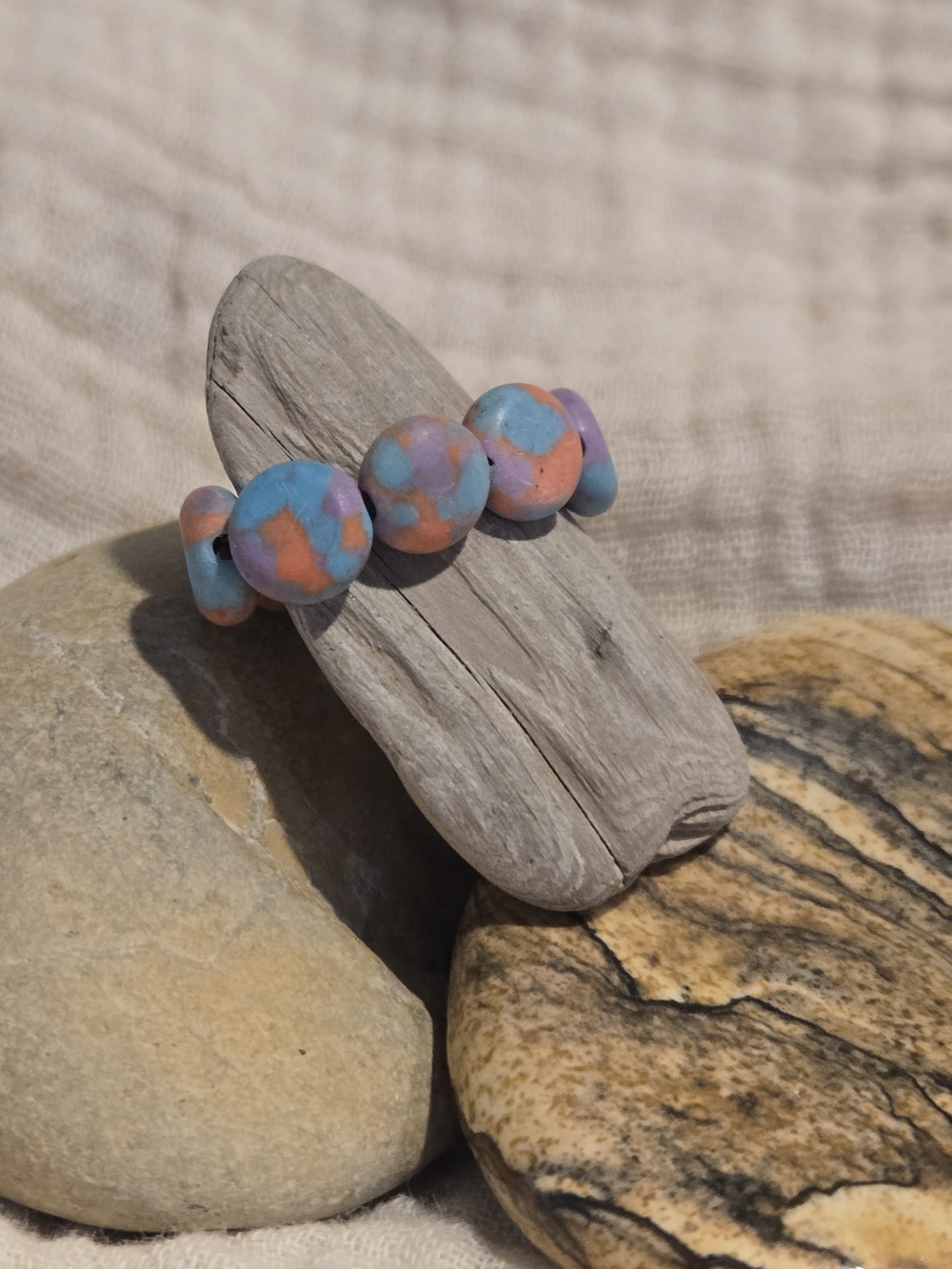 Colorful Polymer Clay Bead Stretch Ring - Multicolor Blue, Pink, Purple - Picture 3 of 3